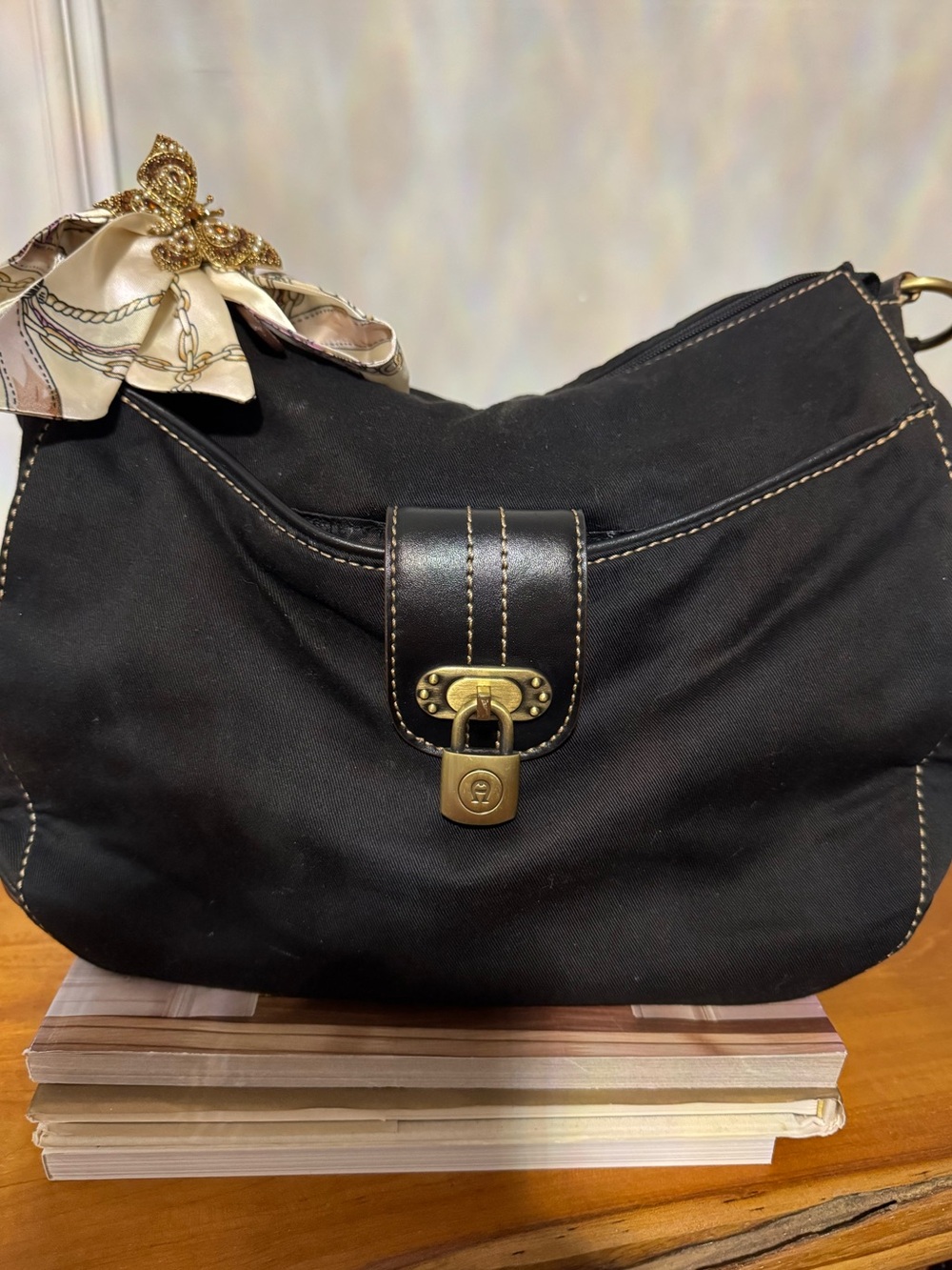 Etienne Aigner Black Fabric BlackGold Hardware Shoulder Bag Butterfly Brooch
